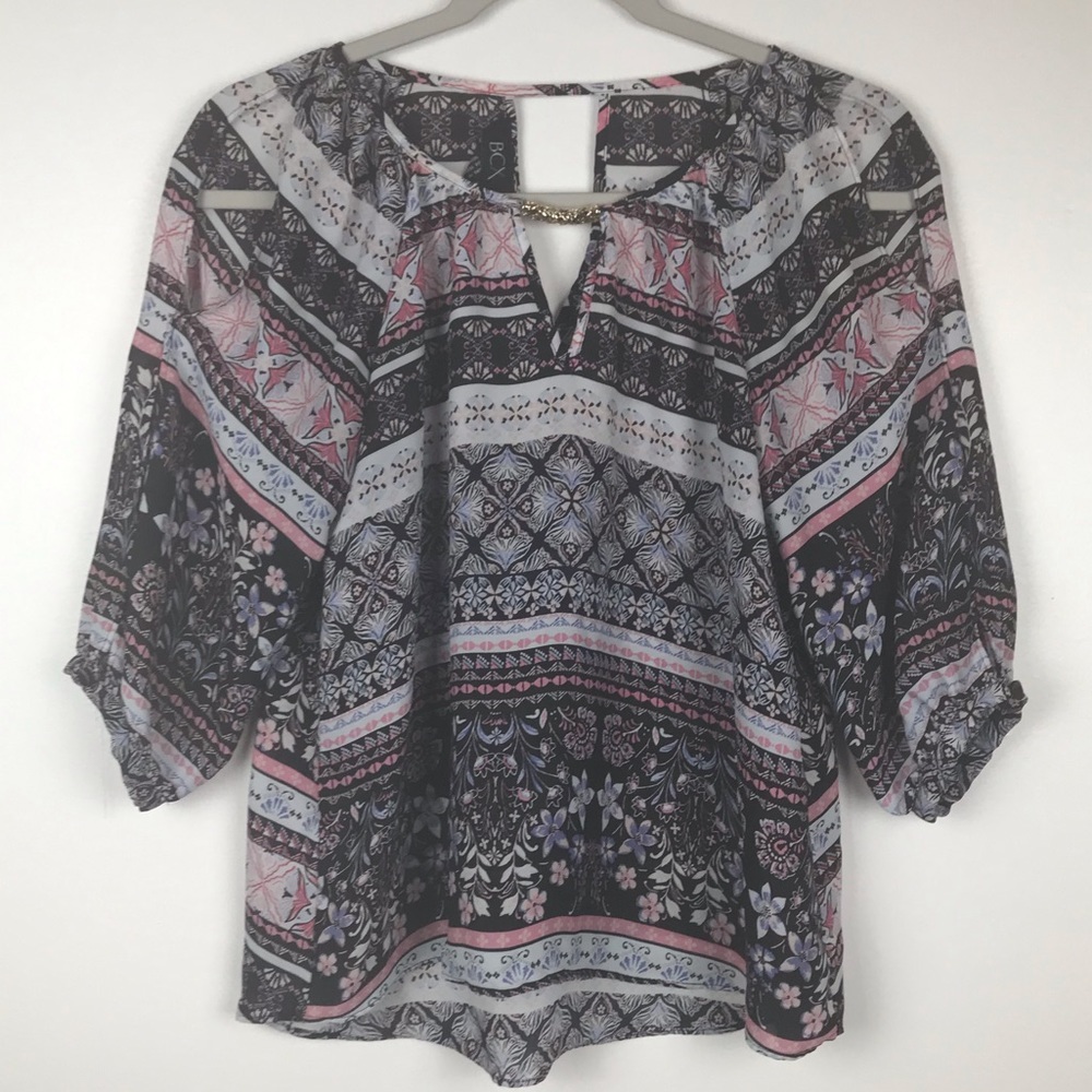 BCX Blouse Peasant Floral Print Women Size XS Gold Accent